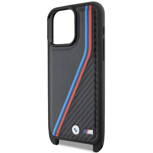 BMW M Edition Carbon Tricolor Lines with Strap Hard Case for iphone 15 Pro 6.1" Black - BMHCP15L23PSVTK