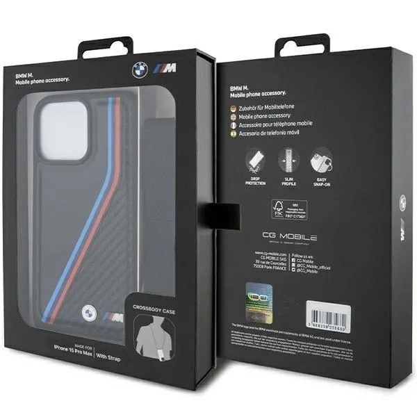 BMW M Edition Carbon Tricolor Lines with Strap Hard Case for iphone 15 Pro 6.1" Black - BMHCP15L23PSVTK