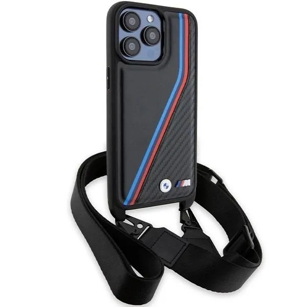 BMW M Edition Carbon Tricolor Lines with Strap Hard Case for iphone 15 Pro 6.1" Black - BMHCP15L23PSVTK