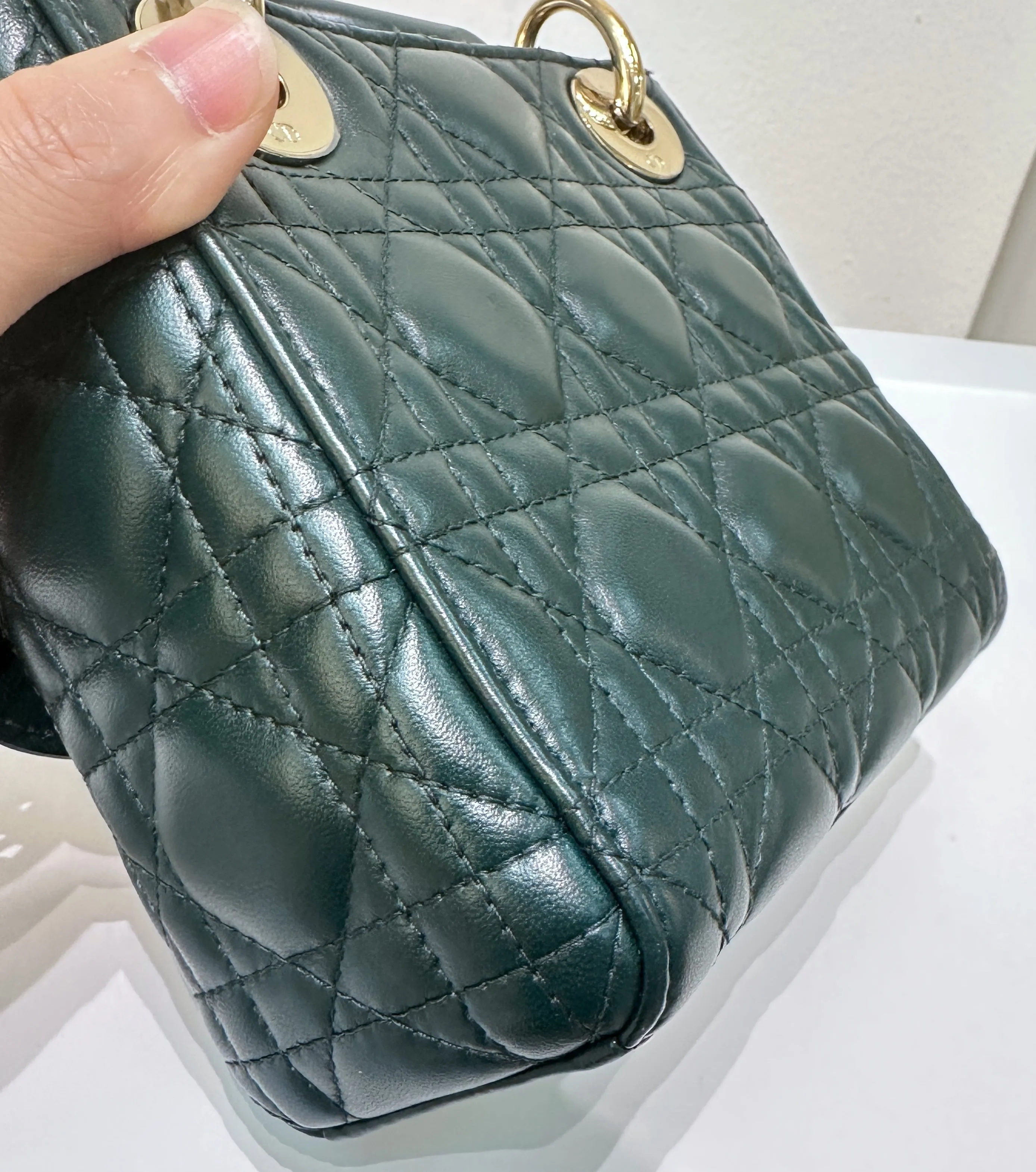 CHRISTIAN DIOR Lambskin Cannage Mini Lady Dior Dark Green