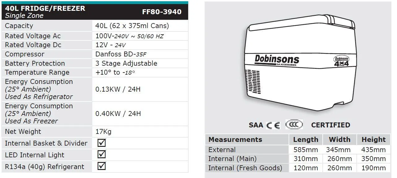 Dobinsons 4x4 40L 12V Portable Fridge Freezer with FREE cover