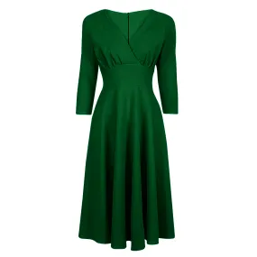 Emerald Green Vintage A Line Crossover 3/4 Sleeve Tea Swing Dress