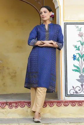 Juniper Indigo Rayon Festive Gold Foil Printed Straight Kurta For Women