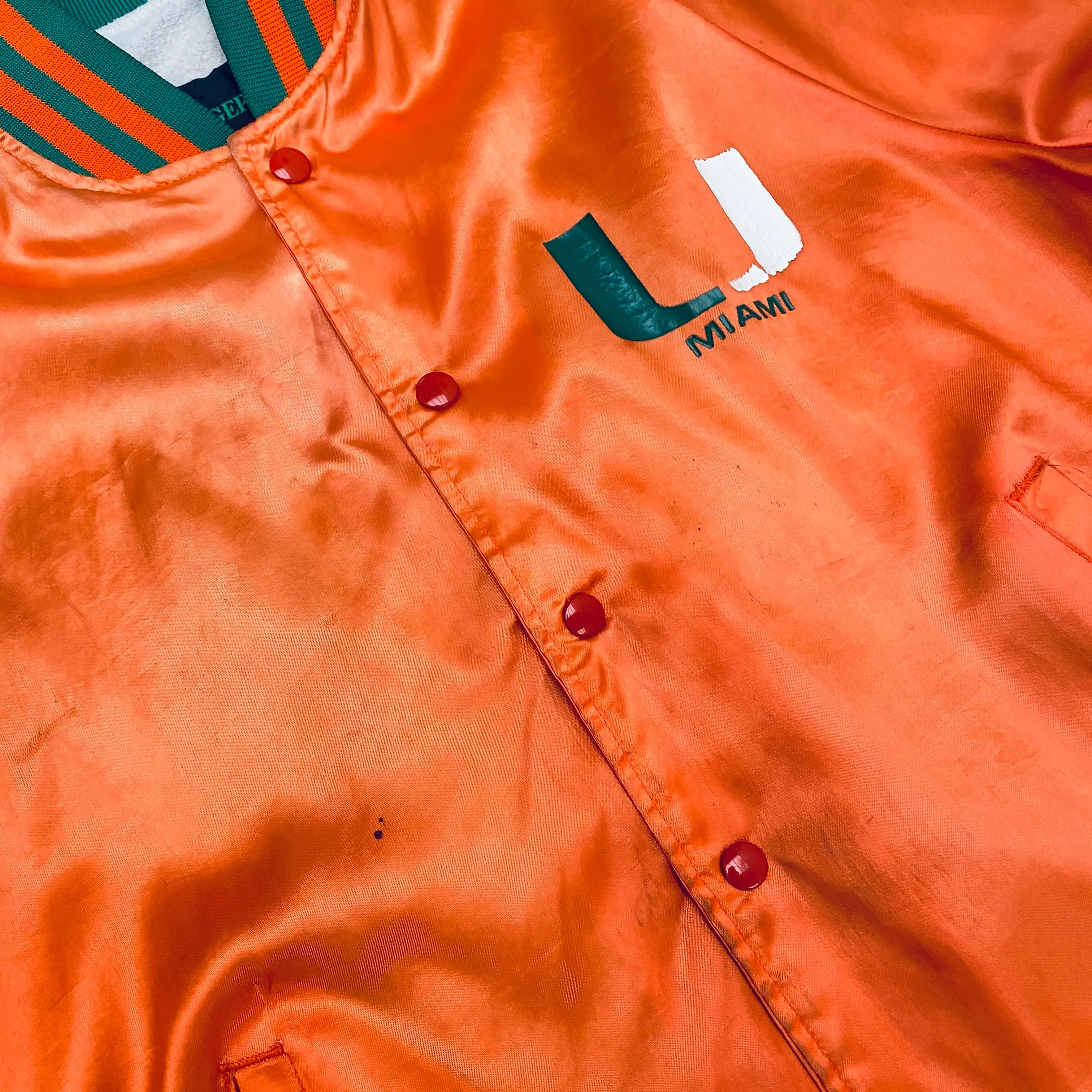 Miami Hurricanes: 1980's Satin Reverse Spellout Bomber Jacket (M)