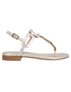 Sandali flat slingback infradito donna in pelle laminata platino