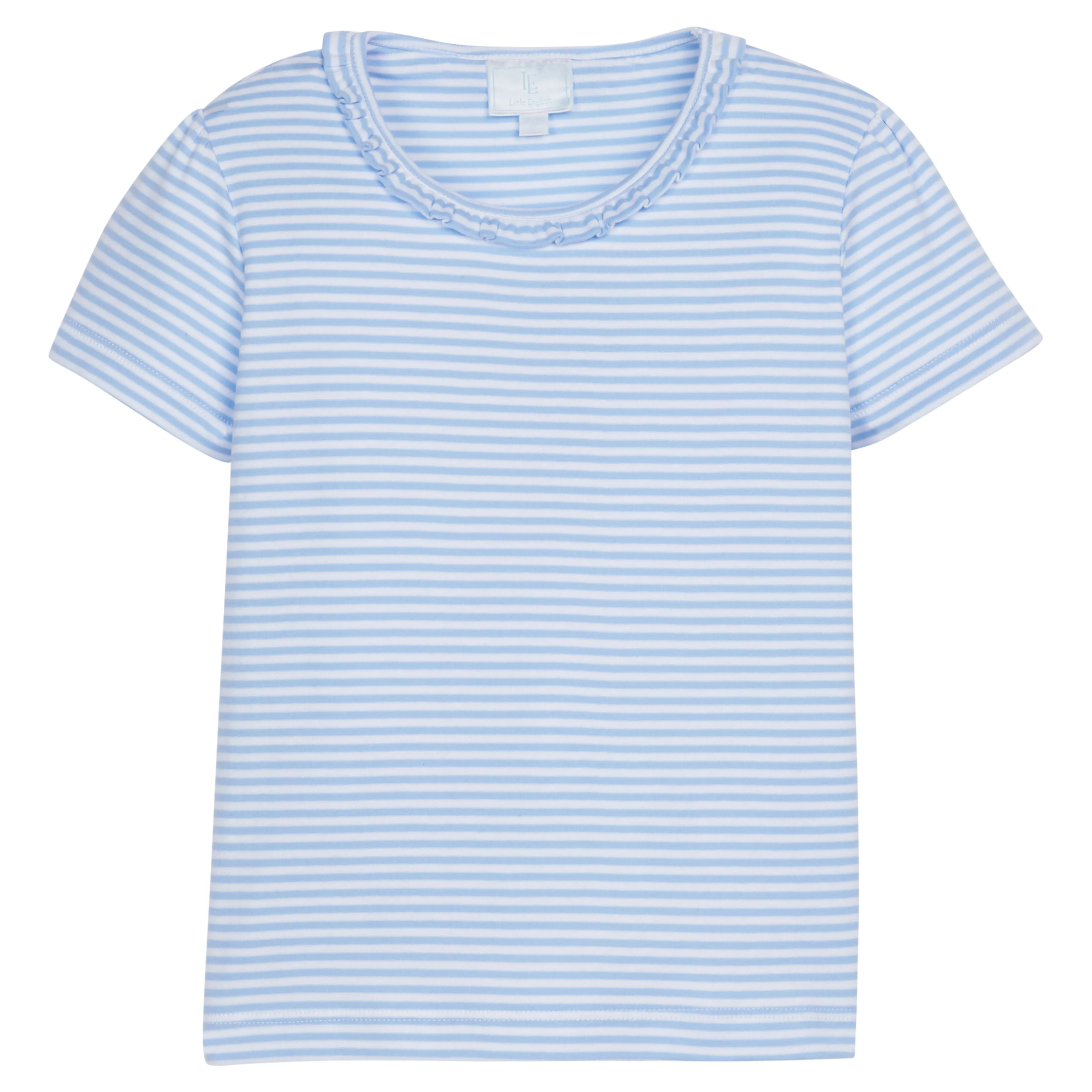 Short Sleeve Scoop Ruffle Tee - Light Blue Stripe